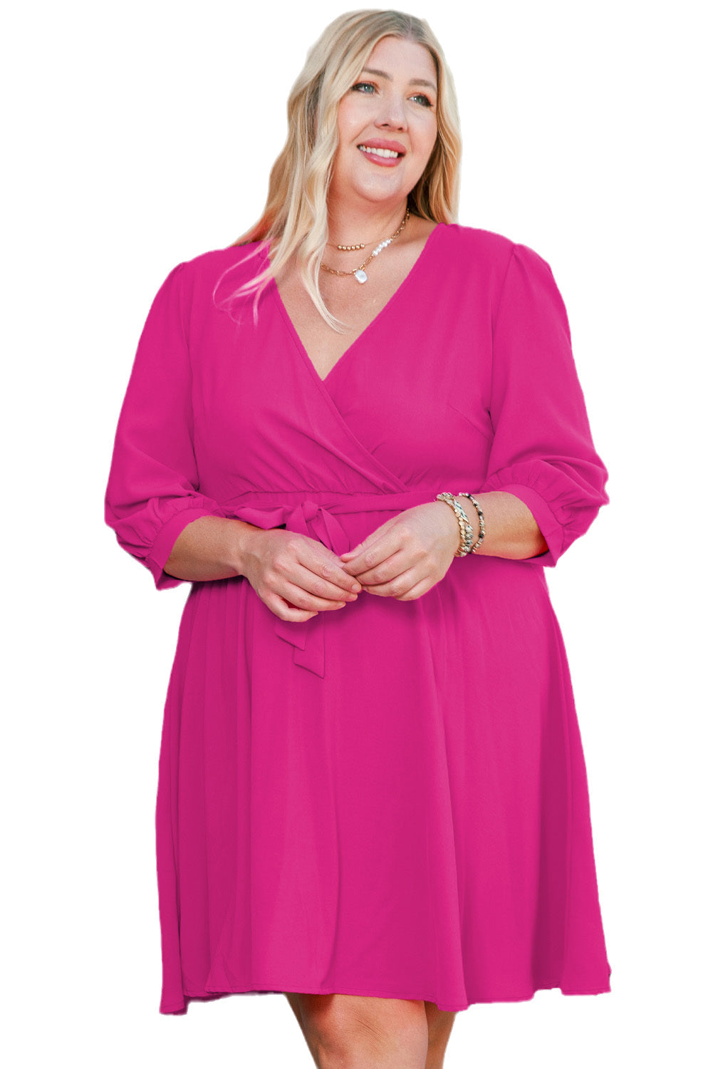 Rose Plus Size Surplice V Neck Self Tie Fit Flare Dress