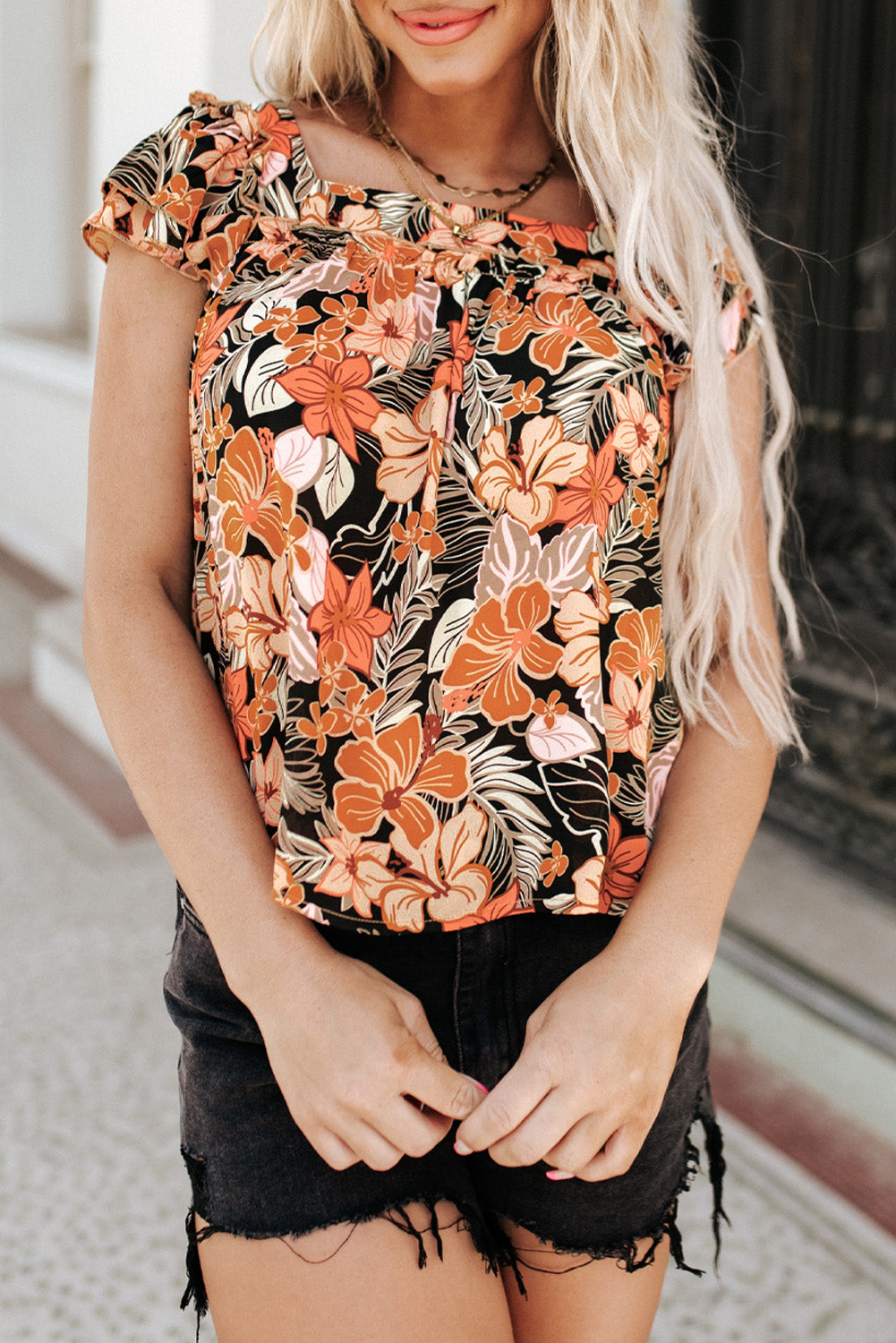 Brown Floral Flutter Sleeves Square Neck Blouse