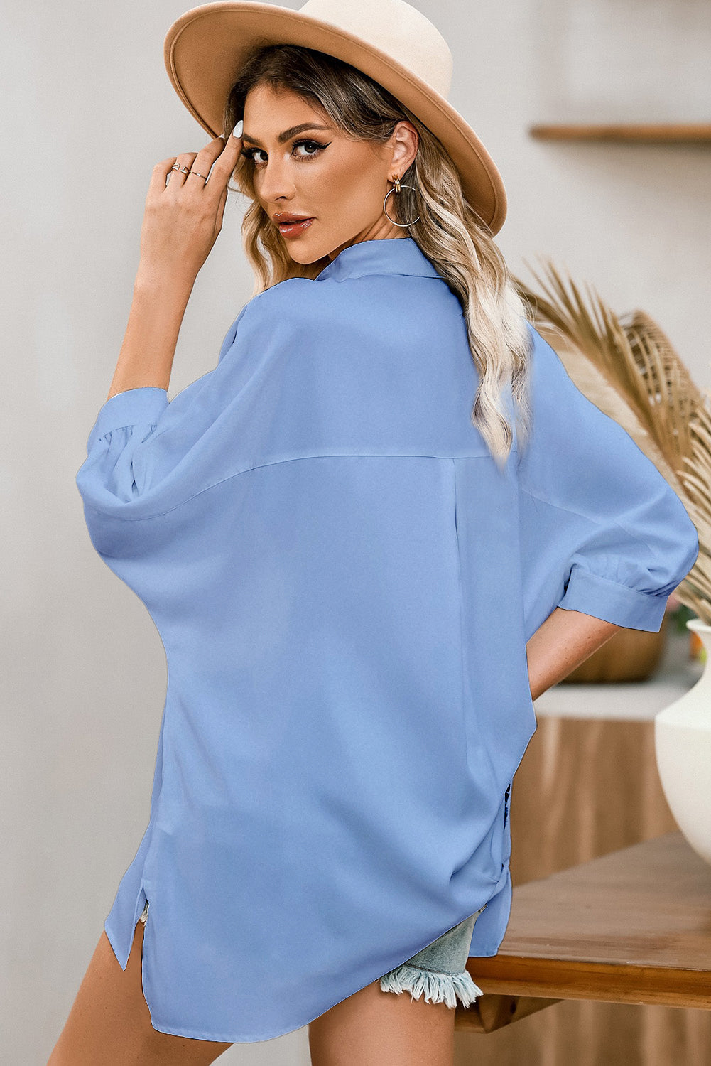 Green 3/4 Puff Sleeve Oversize Shirt