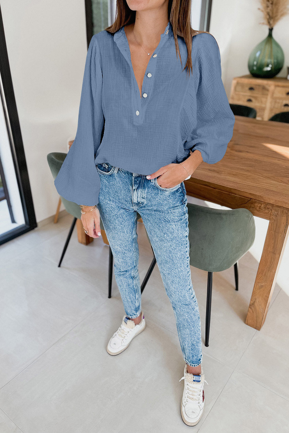 Blue Solid Textured Buttoned Front Bubble Sleeve Blouse