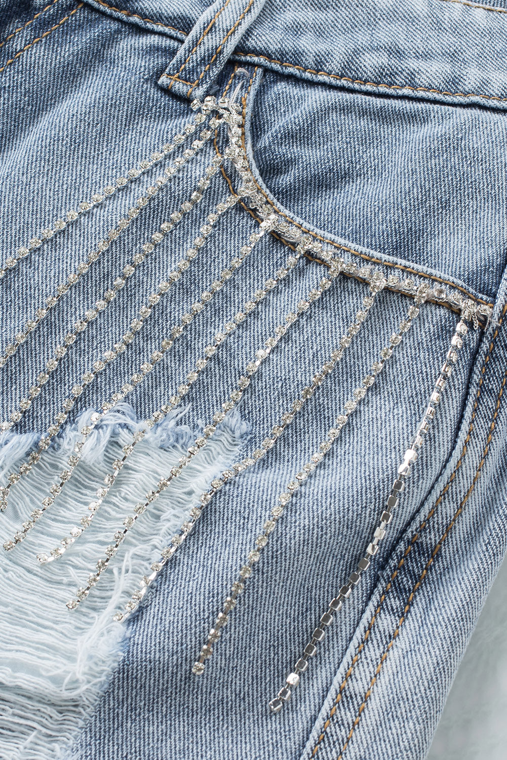 Sky Blue Rhinestone Tassel Distressed Denim Shorts