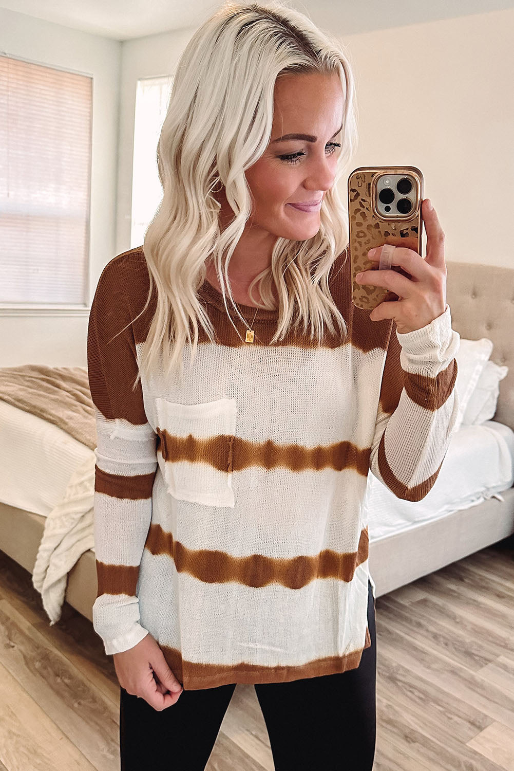 Gray Tie Dye Striped Loose Knitted Long Sleeve Top with Slits