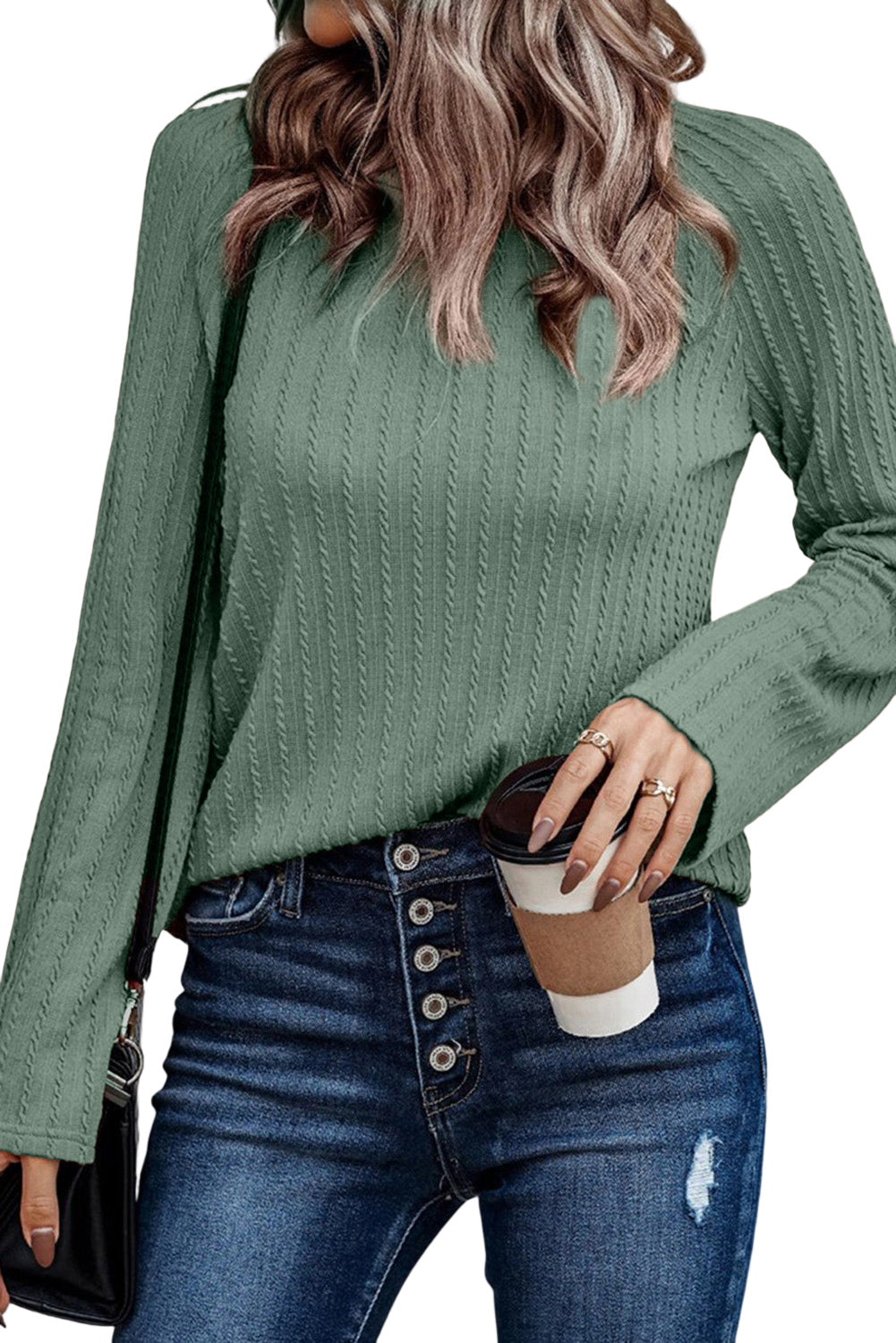 Pink Ribbed Round Neck Knit Long Sleeve Top