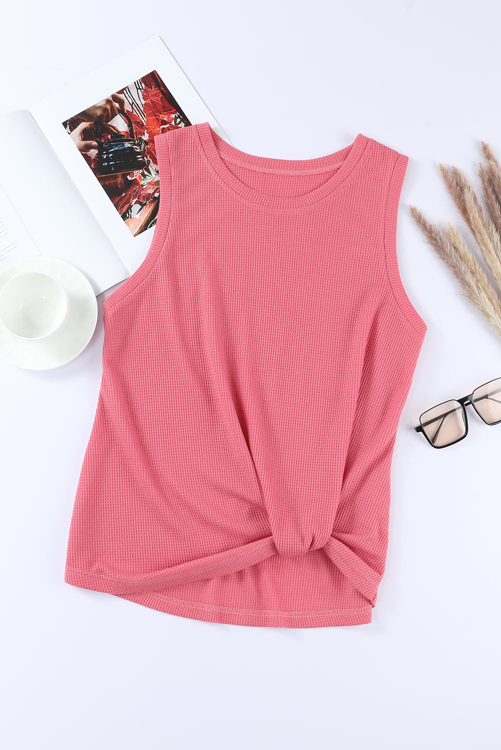 Red Twist Knot Waffle Knit Tank Top