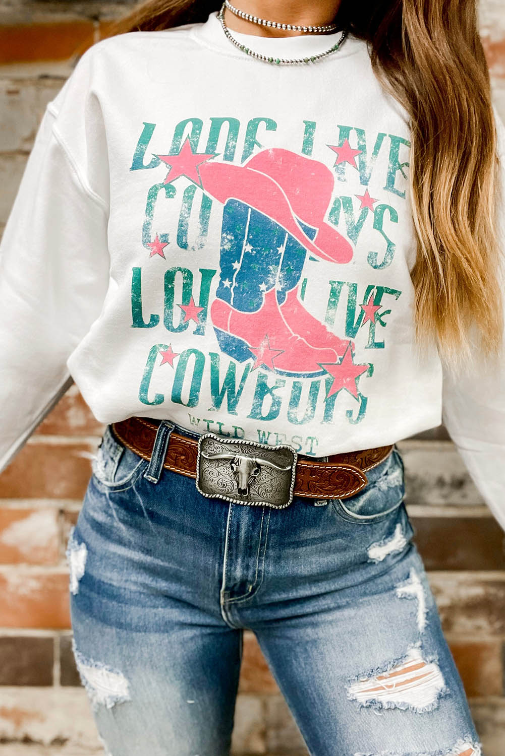 White LONG LIVE COWBOY WILD WEST Graphic Sweatshirt