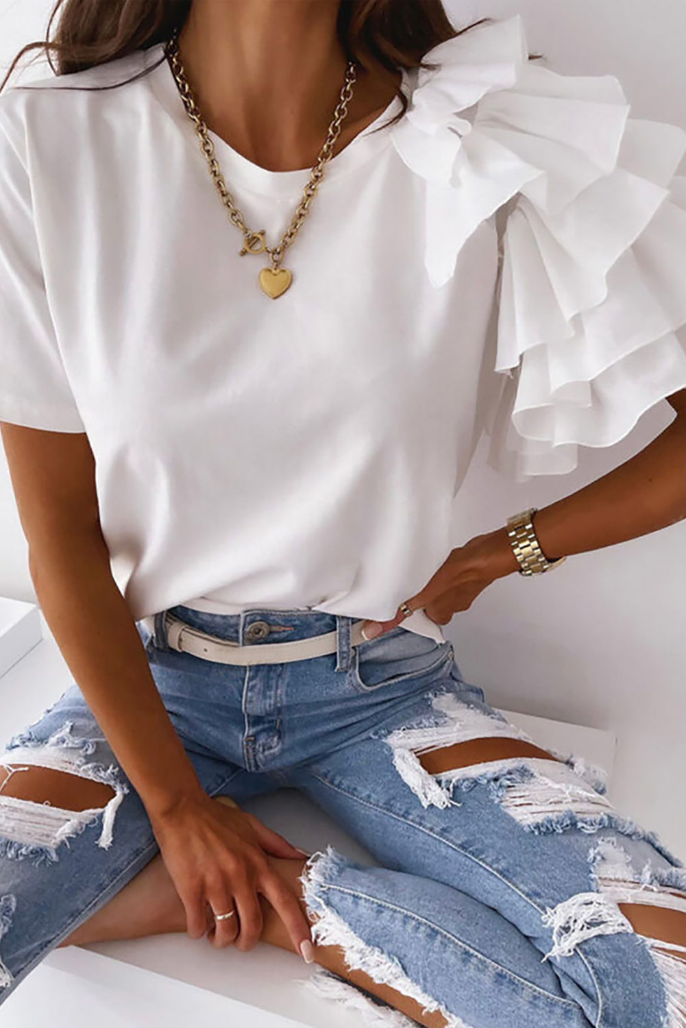 White Asymmetric Cascading Sleeve Tee