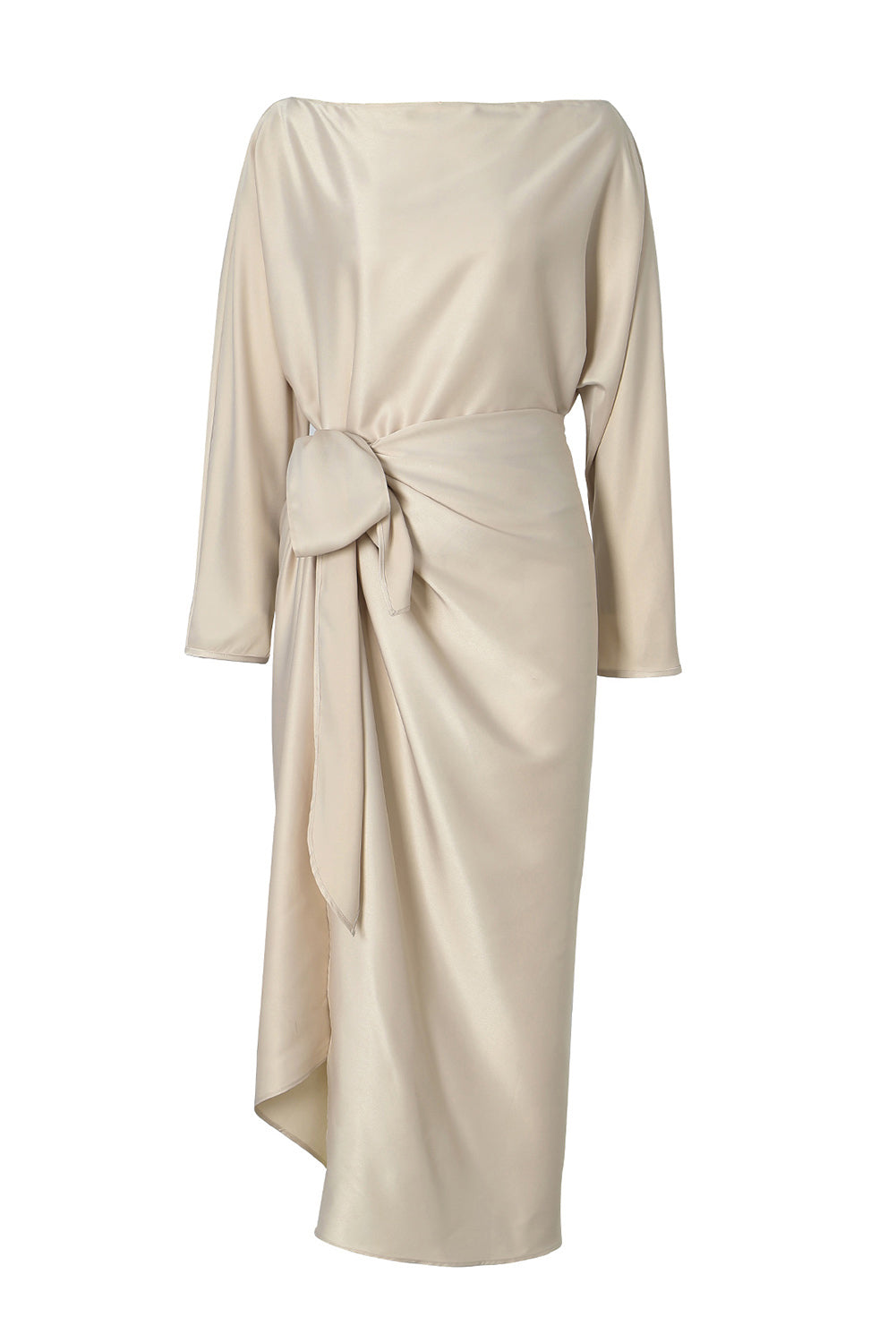 Black Satin Wrap Tie Side Boat Neck Long Sleeve Dress