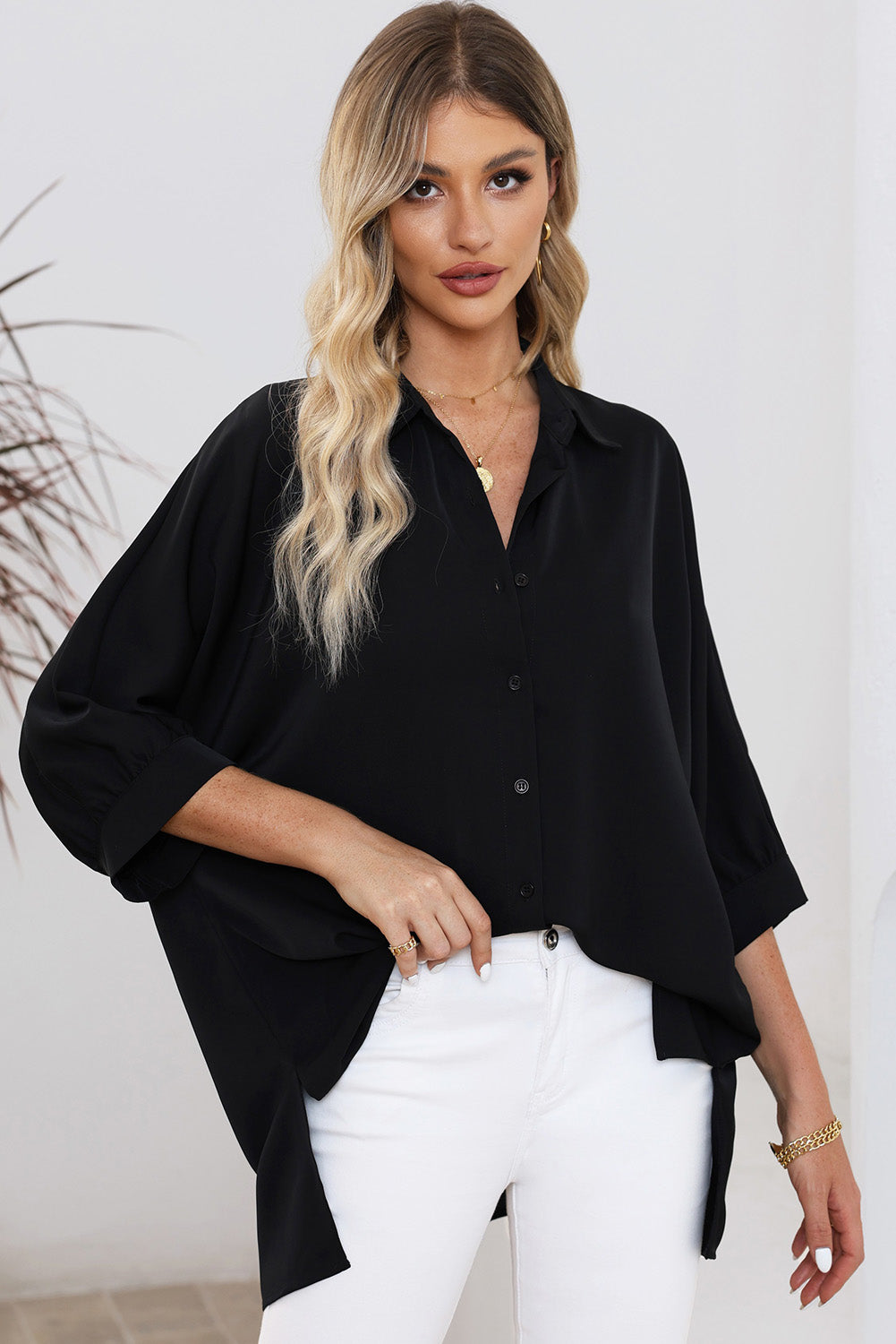 Green 3/4 Puff Sleeve Oversize Shirt