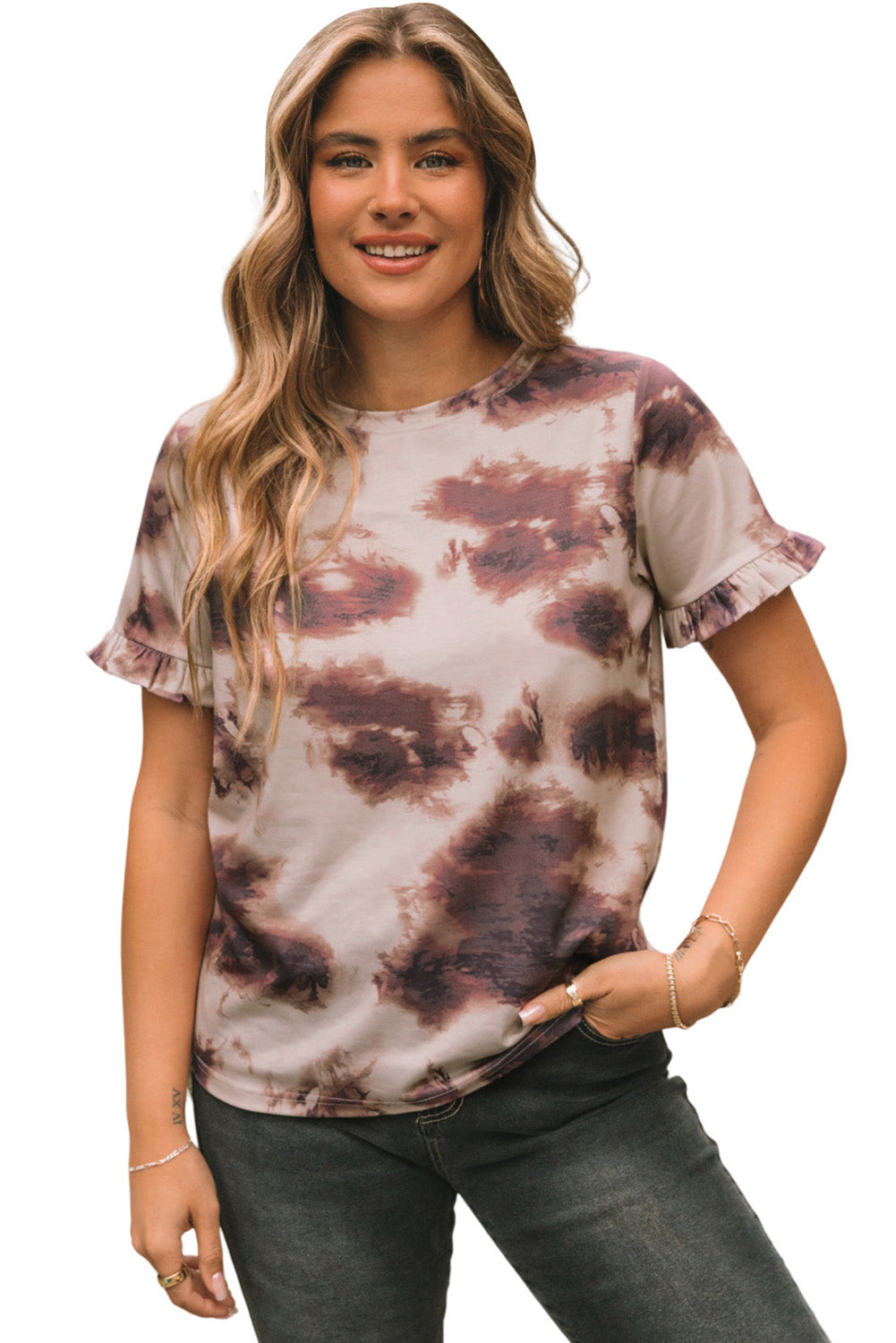 Brown Vintage Tie Dye Ruffled Sleeve T Shirt