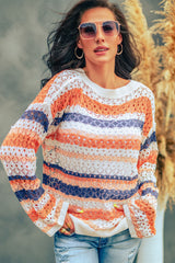 Multicolor Striped Loose Fit Hollow-out Knit Sweater