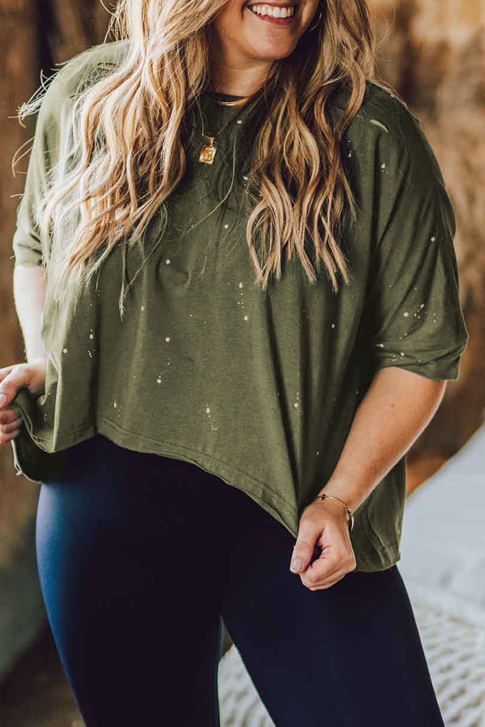 Pink Distressed Bleached Asymmetric Hem Short Sleeve Top