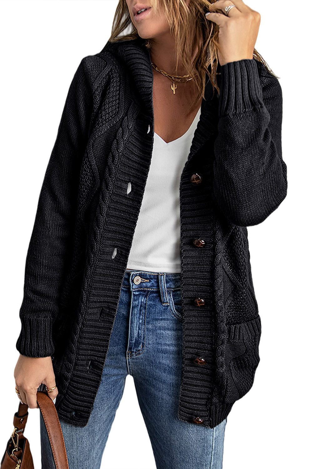 Black Twist Pattern Knit Button Front Hooded Cardigan