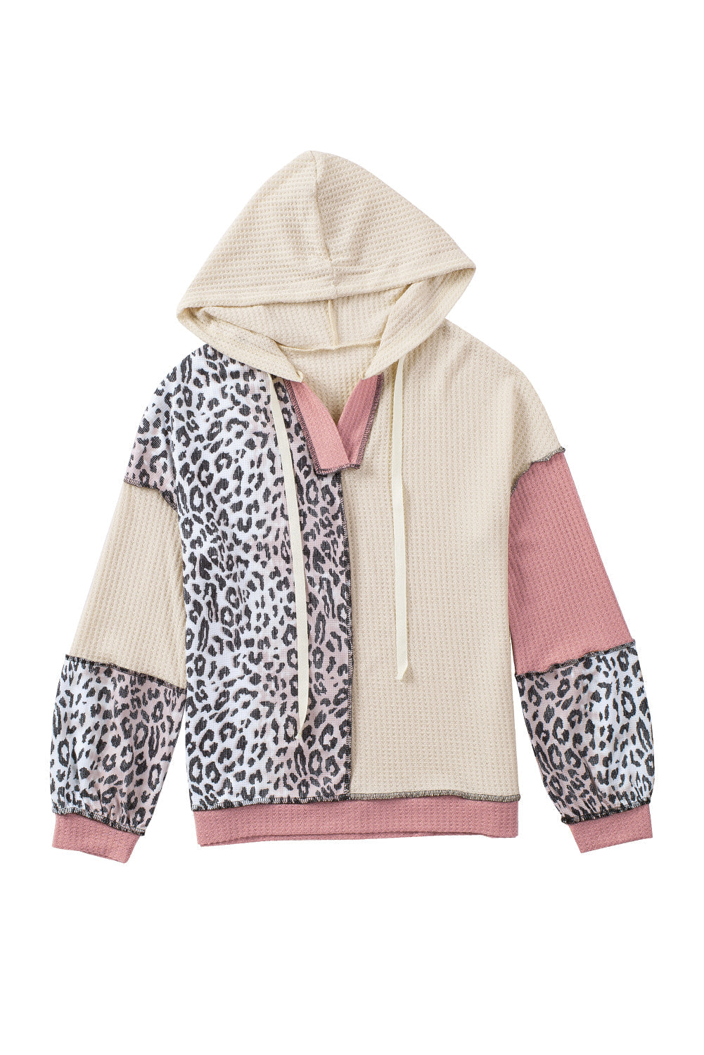 Leopard Colorblock Patchwork Waffle Knit Hoodie
