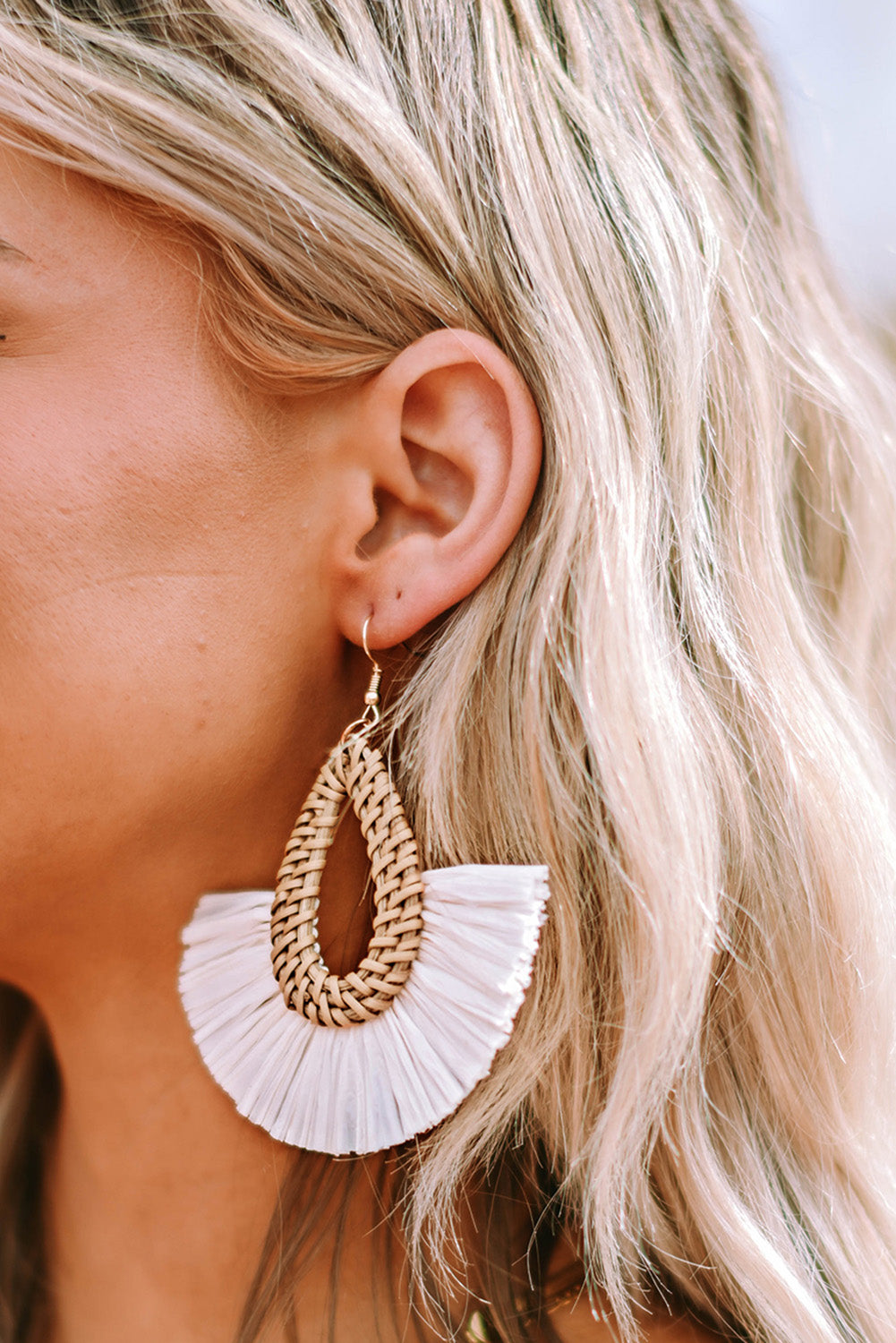 Beige Bohemian Semi-circle Woven Drop Earrings