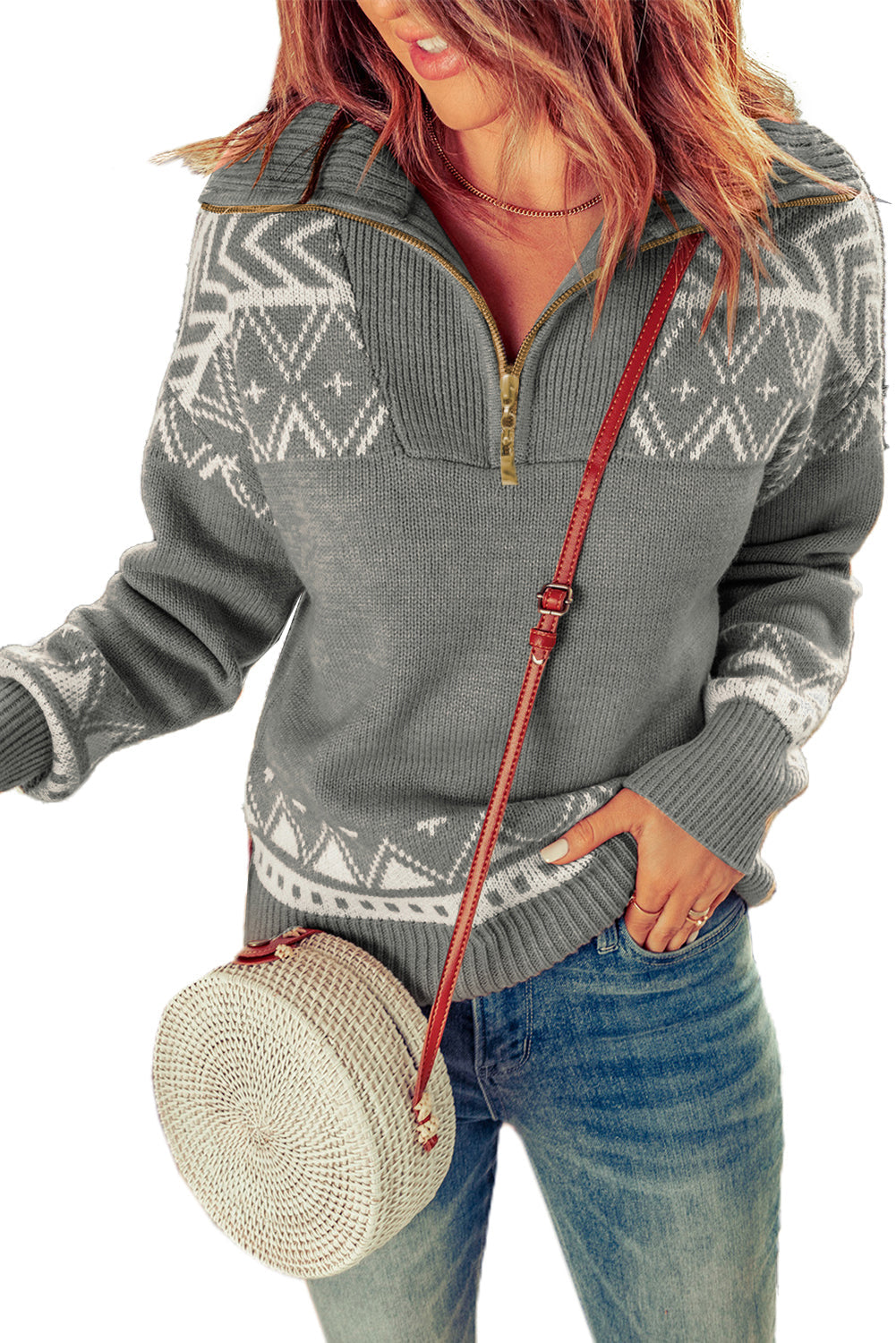 Blue Geometry Knit Quarter Zip Sweater