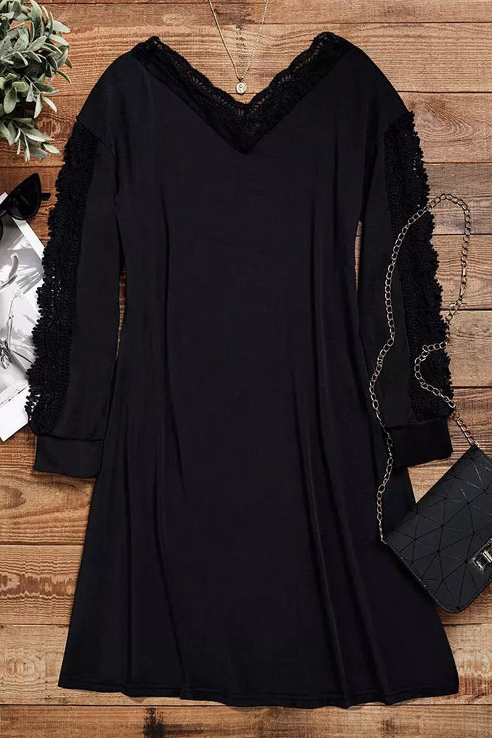 Black Lace Splicing Hollow Out Mini Dress