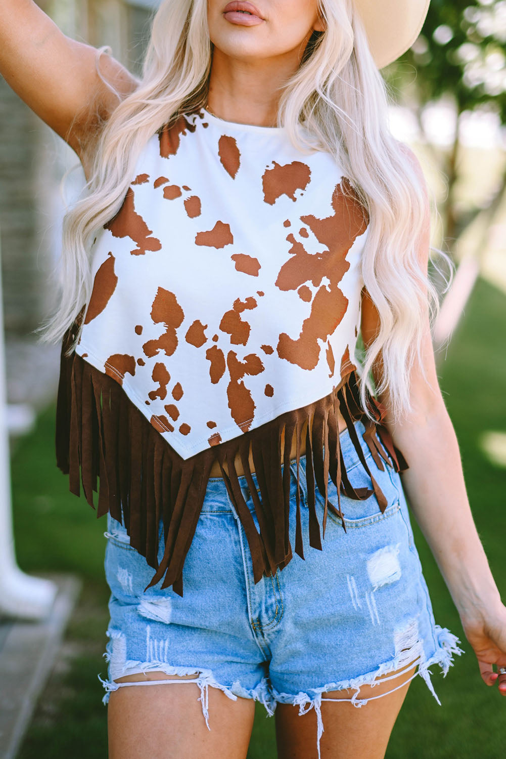 White Cow Printed Fringe Hem Tank Top