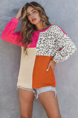 Rose Leopard Patchwork Color Block Ribbed Long Sleeve Top