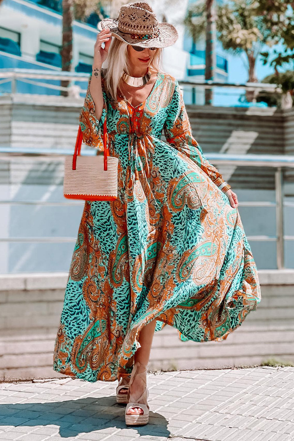 Green Boho Paisley Mix Print Long Sleeve V-Neck Tie Maxi Dress