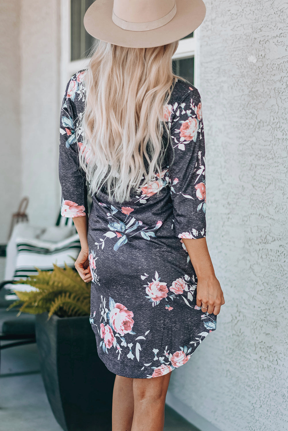 Gray Vintage Floral 3/4 Sleeves T-shirt Dress