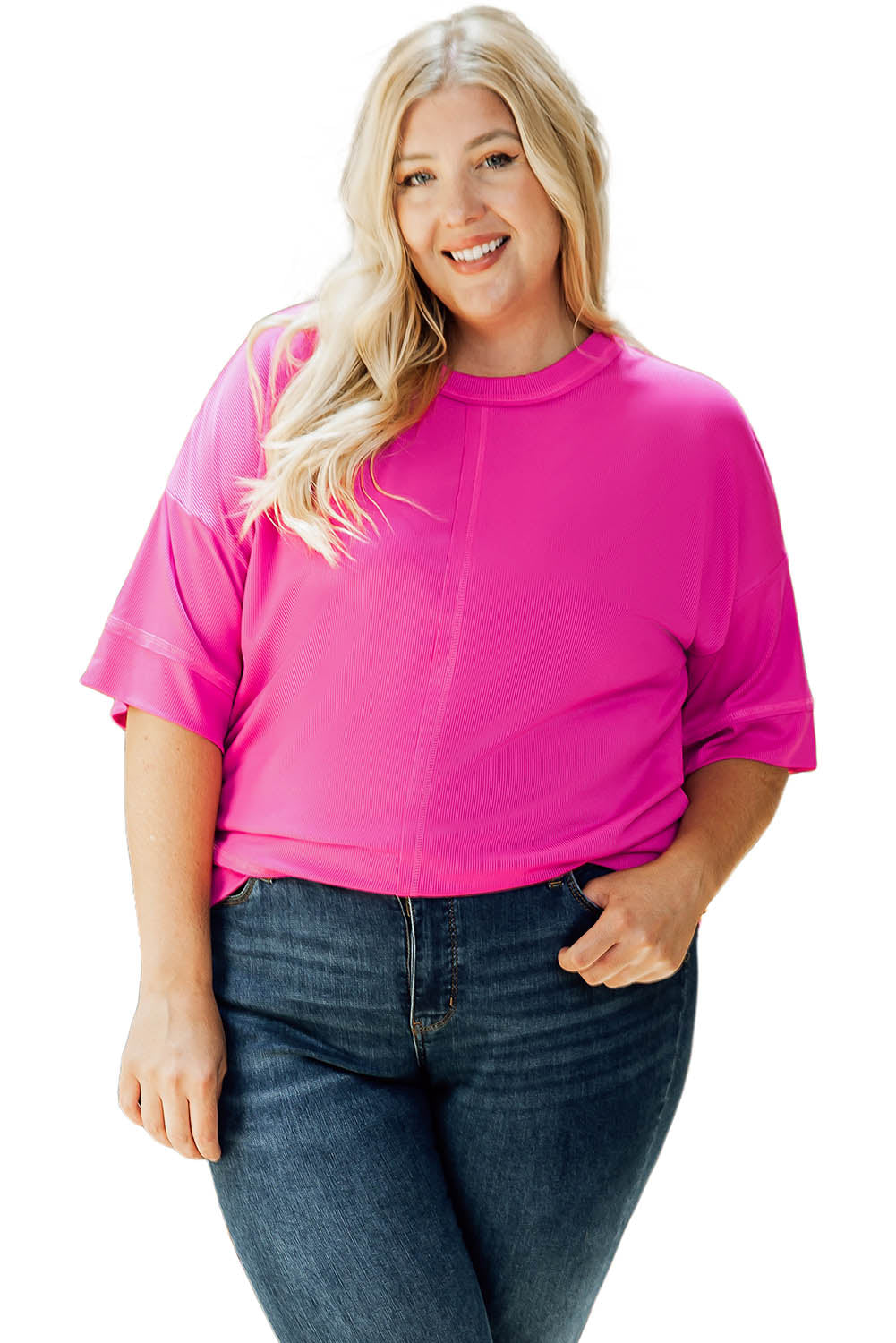 Pink Plus Size Ribbed 3/4 Sleeves Flowy Top