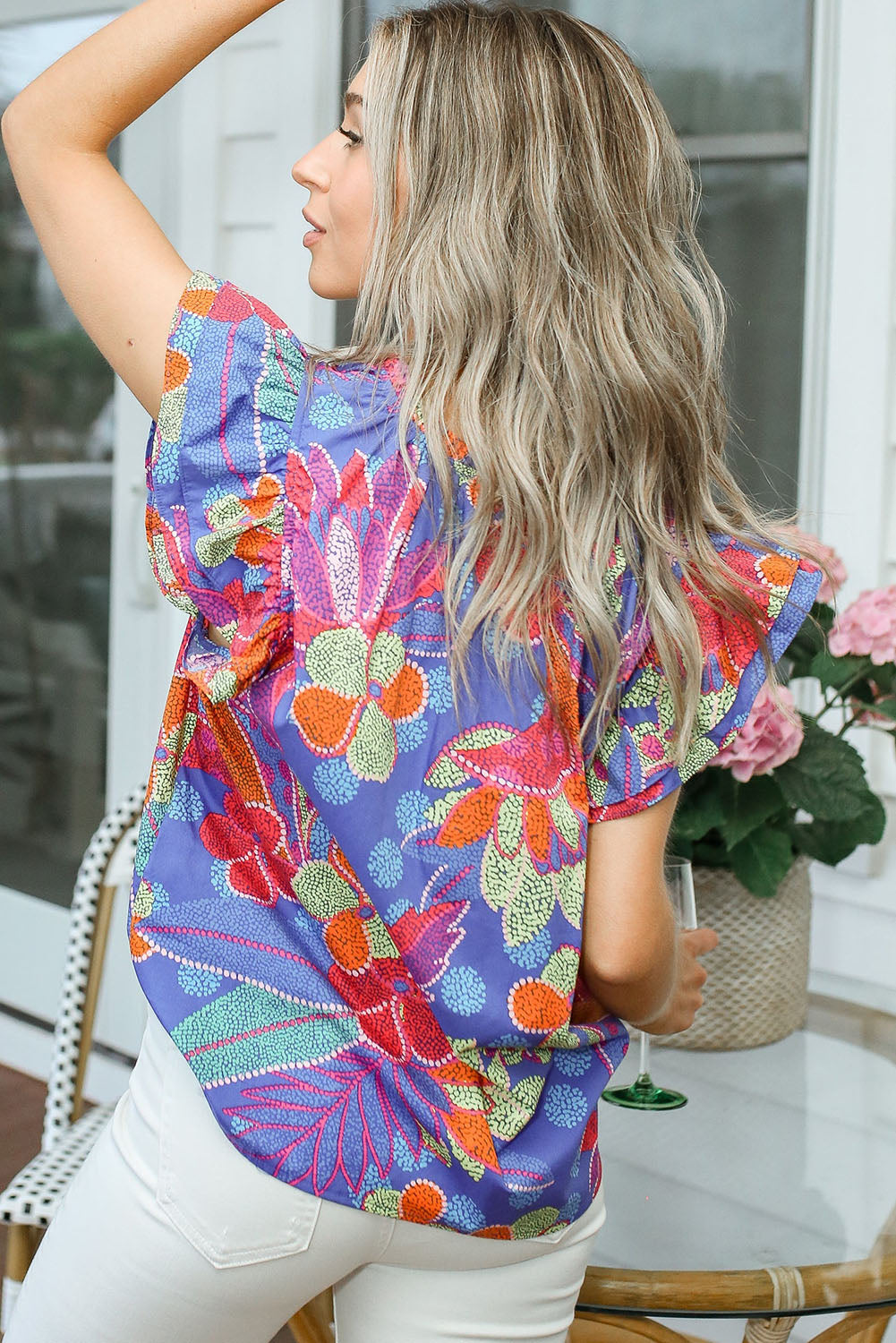 Blue Split V Neck Flutter Floral Top