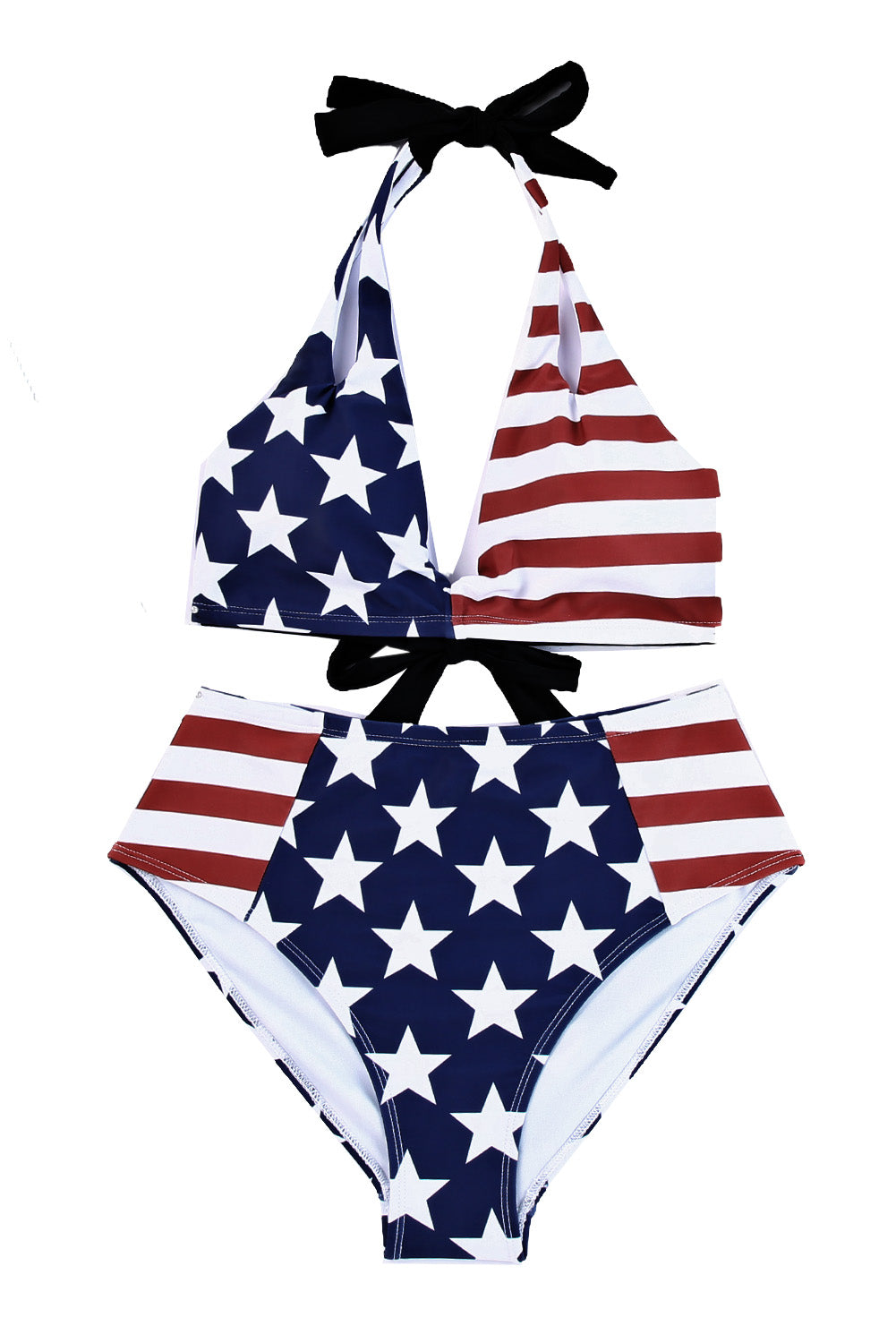 Blue Stars and Stripes Patchwork Flag Pattern Bikini Swimsuit