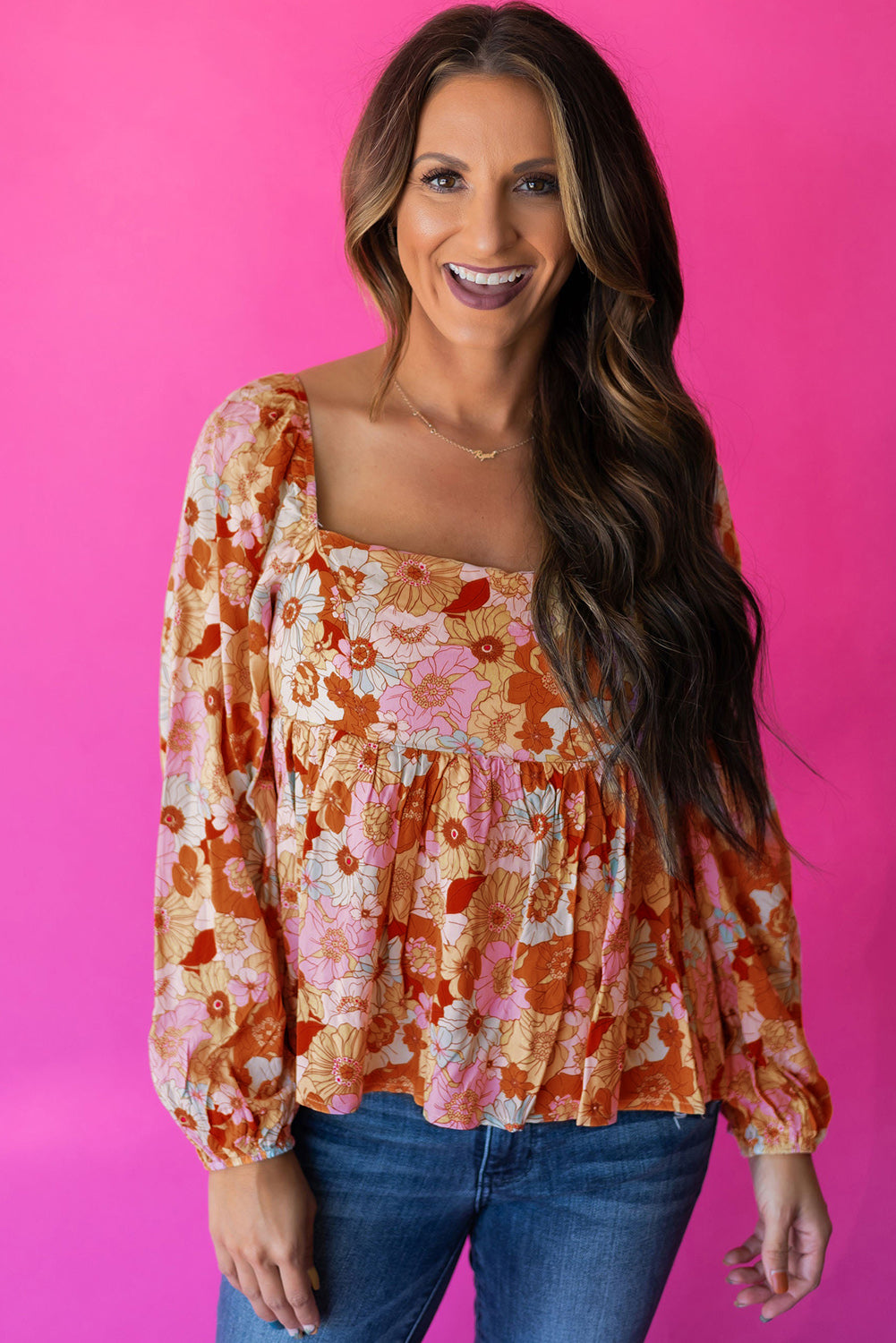 Orange Floral Square Neck Puff Sleeve Babydoll Blouse