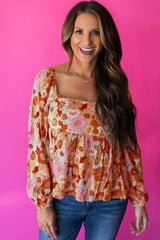 Orange Floral Square Neck Puff Sleeve Babydoll Blouse