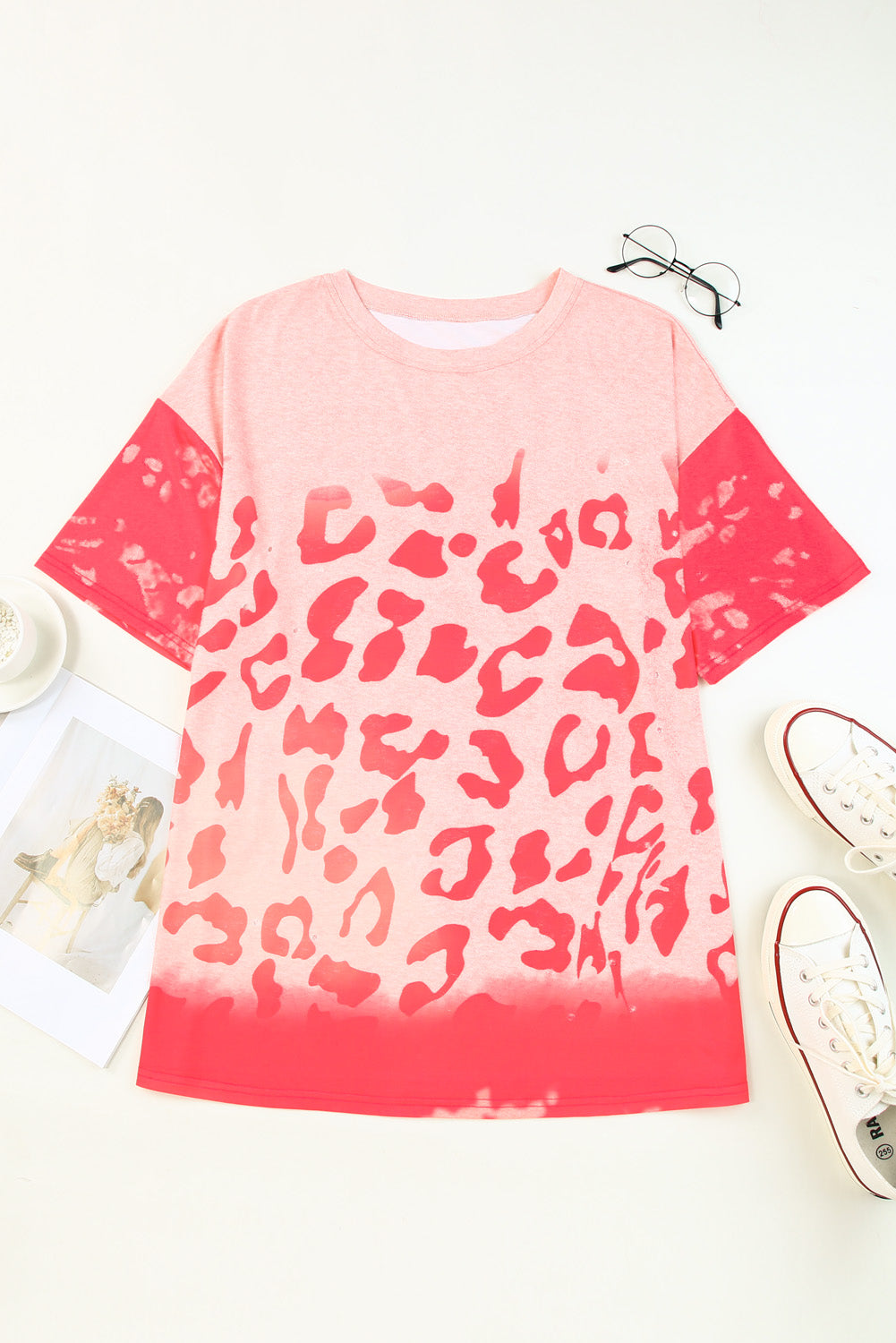 Pink Leopard Bleached Boyfriend T Shirt with Holes