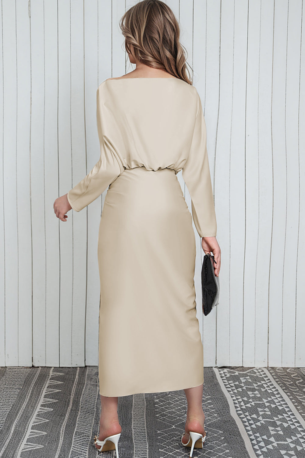Black Satin Wrap Tie Side Boat Neck Long Sleeve Dress