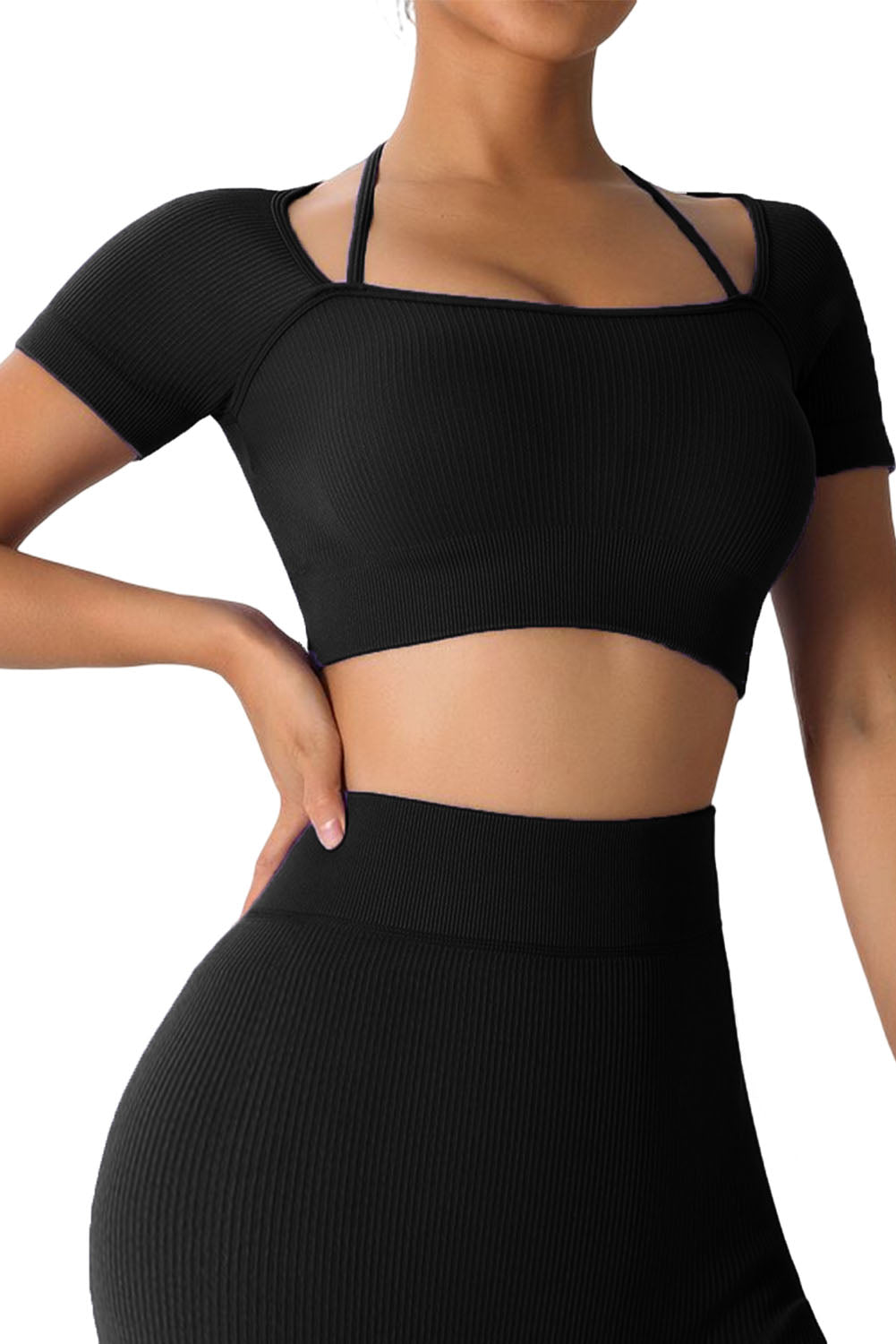 Black Strappy Halter Ribbed Seamless Crop Yoga Top