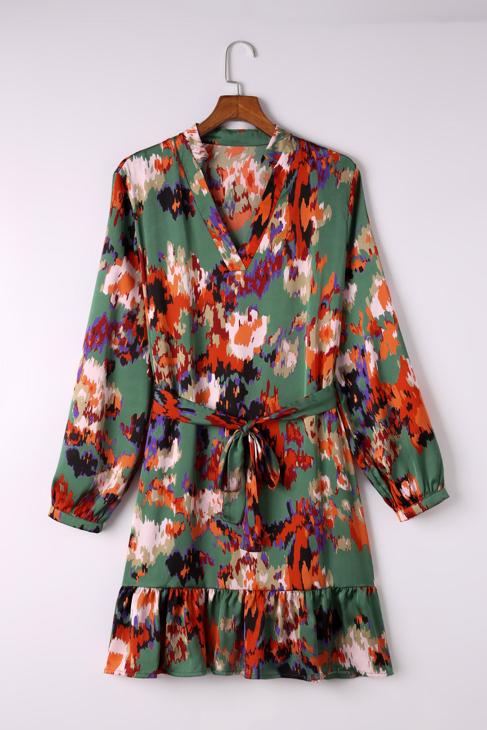 Green Abstract Print Ruffled Drawstring High Waist Mini Dress