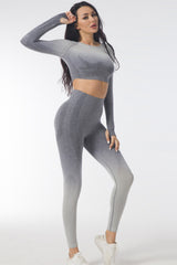 Gray Gradient Thumb Hole Long Sleeve Crop Top and Leggings Yoga Set