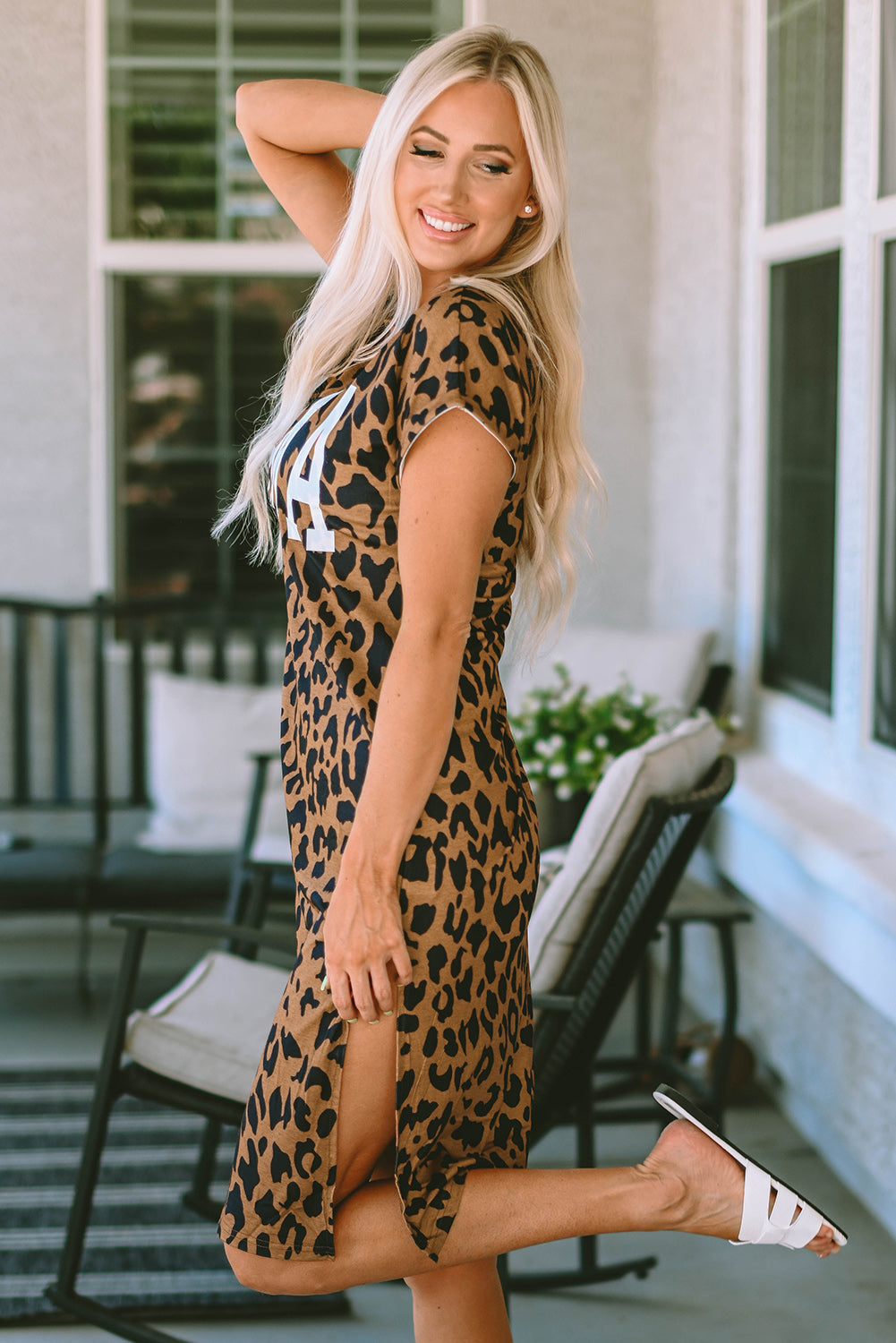 Leopard MAMA Letter Print Slit T-Shirt Dress