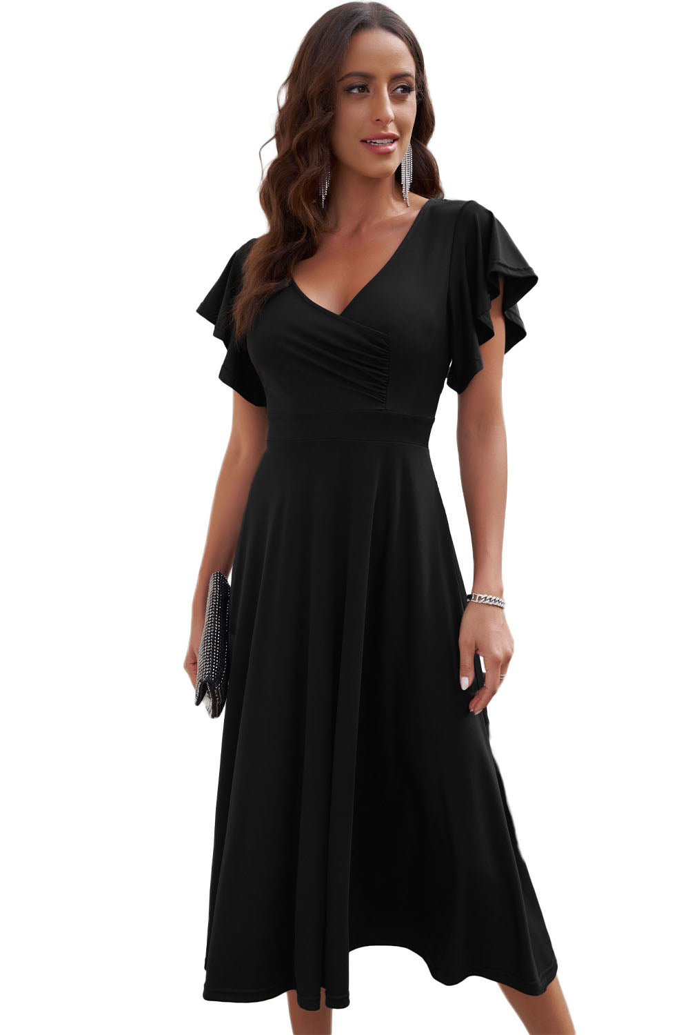 Black Ruffled Sleeve Wrap V Neck Midi Dress