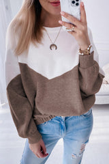 Khaki Colorblock Cutout Elastic Hem Pullover Sweatshirt