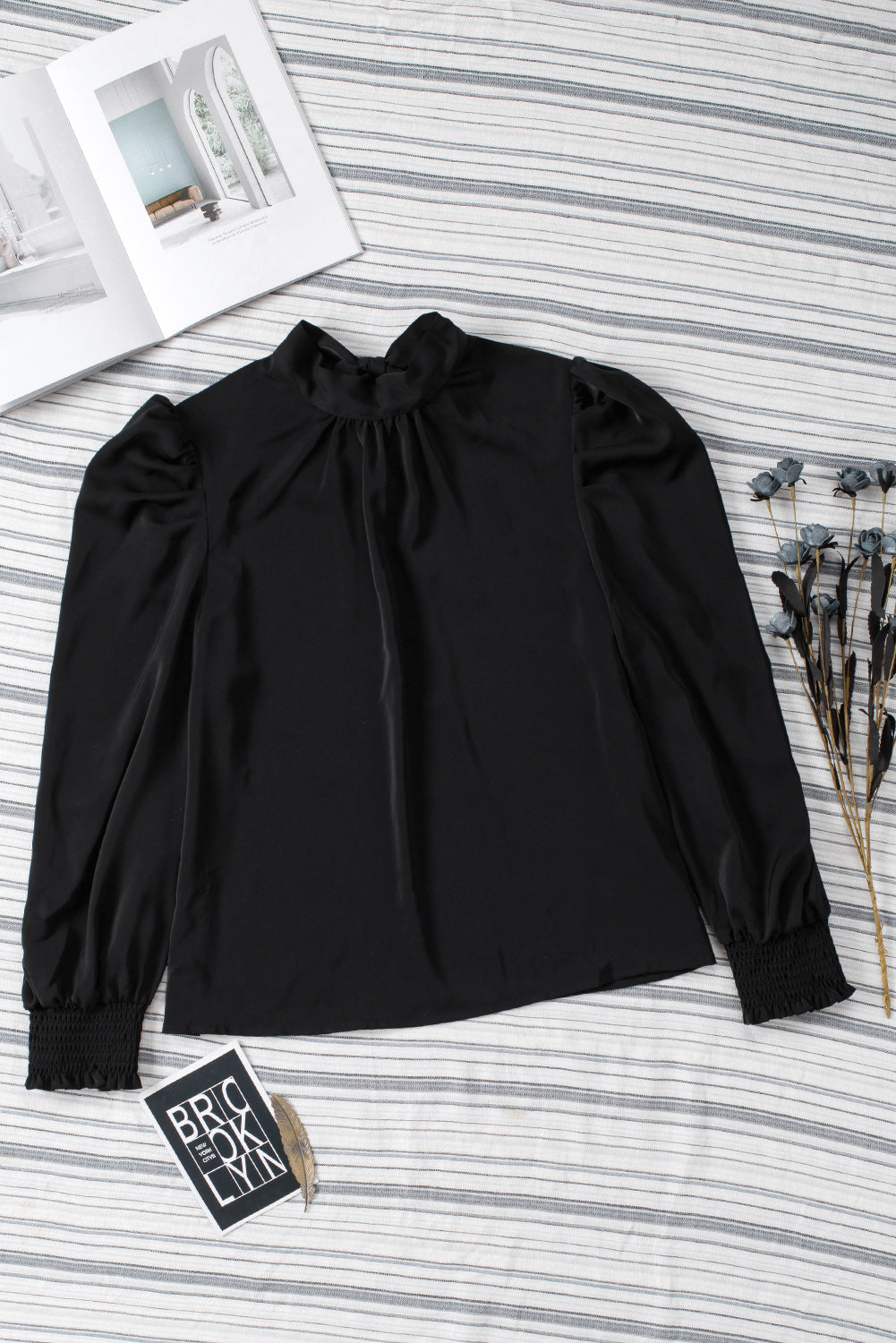 Black Long Bubble Sleeve Mock Neck Chiffon Top