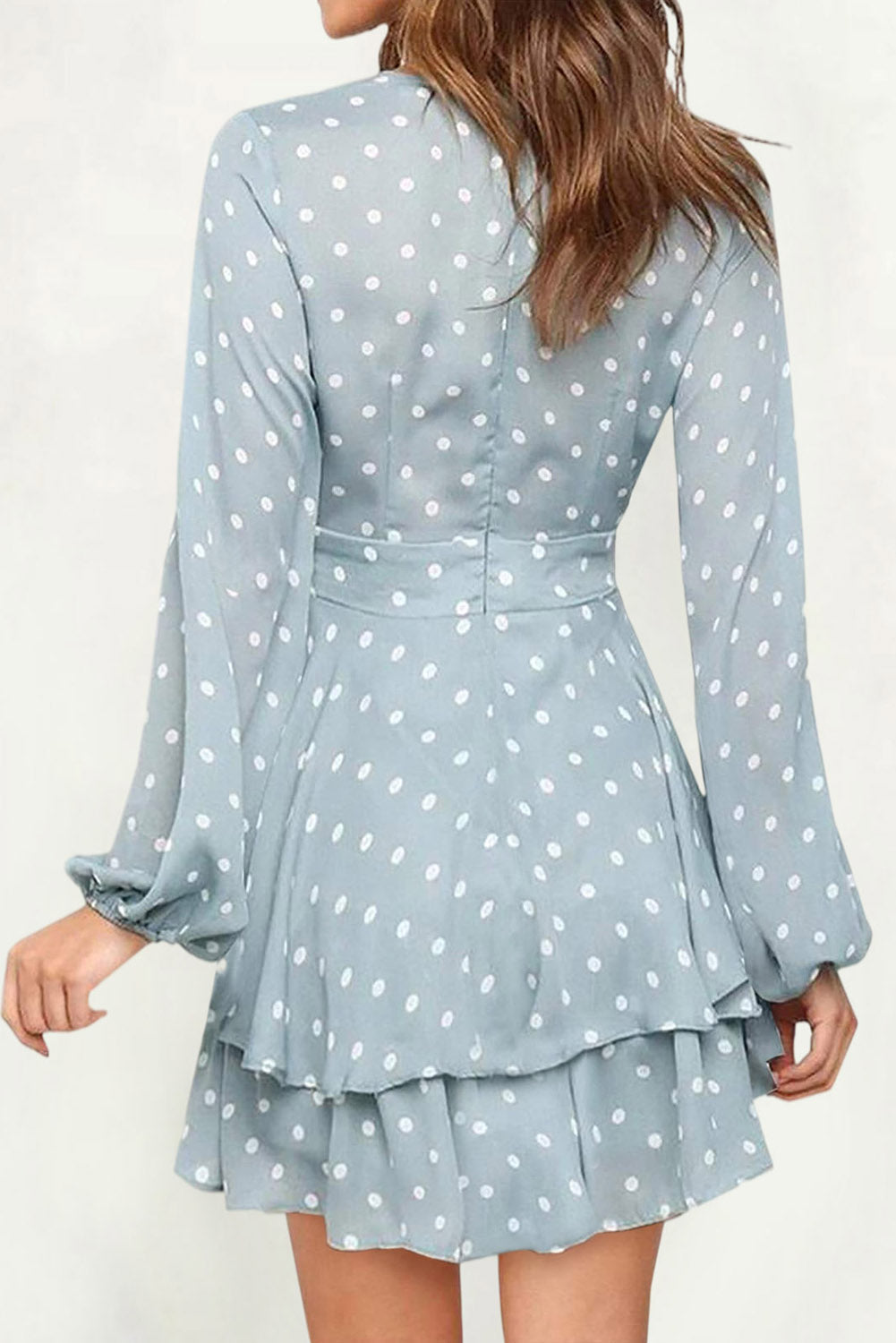 Sky Blue V Neck Baggy Sleeve Waist Tie Double Layer Ruffle Hem Dotted Print Short Dress