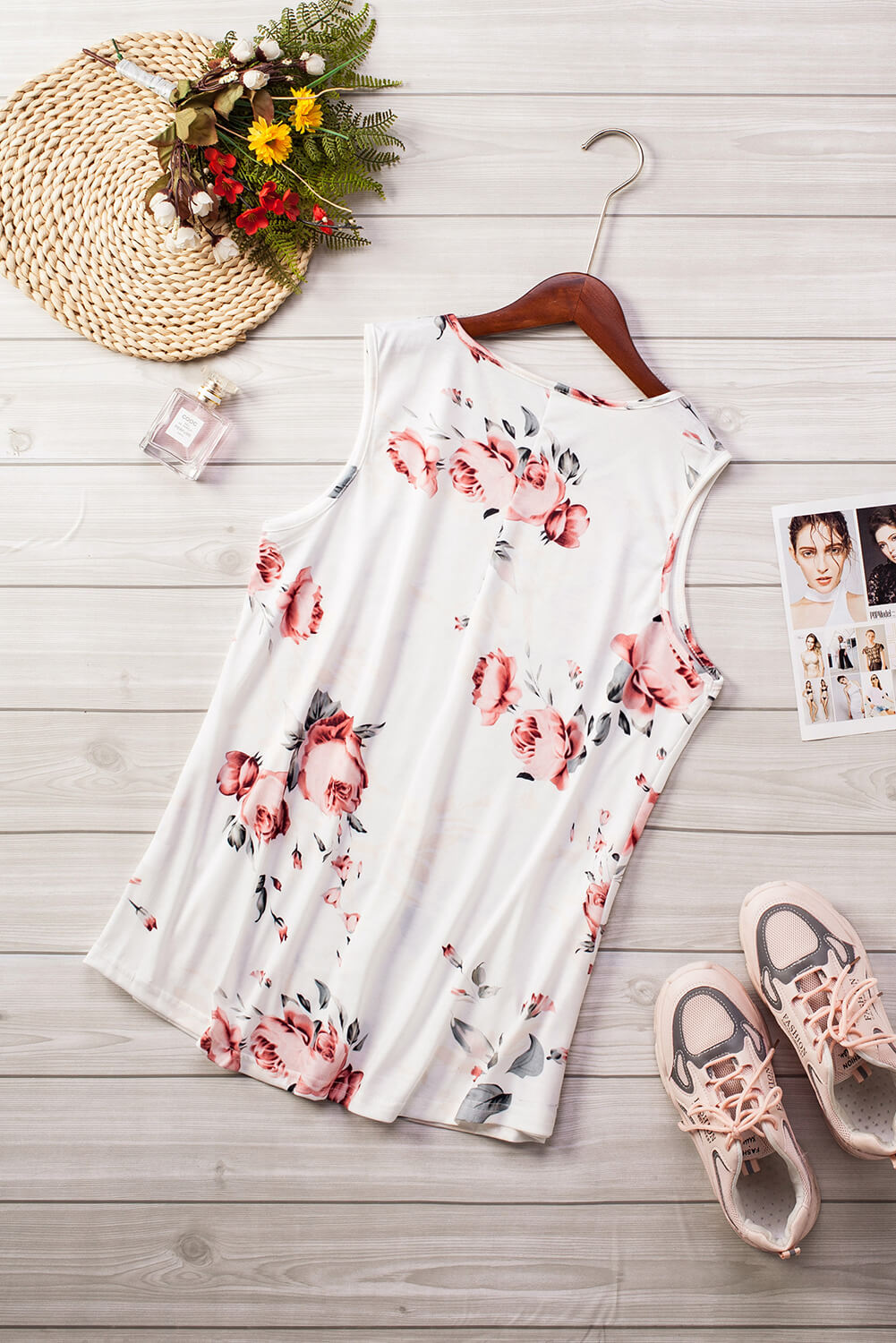 Floral Print White Tank Top