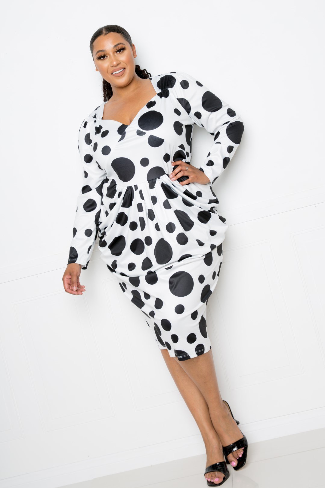 Polka Dot Drop Waist Ruched Midi Dress