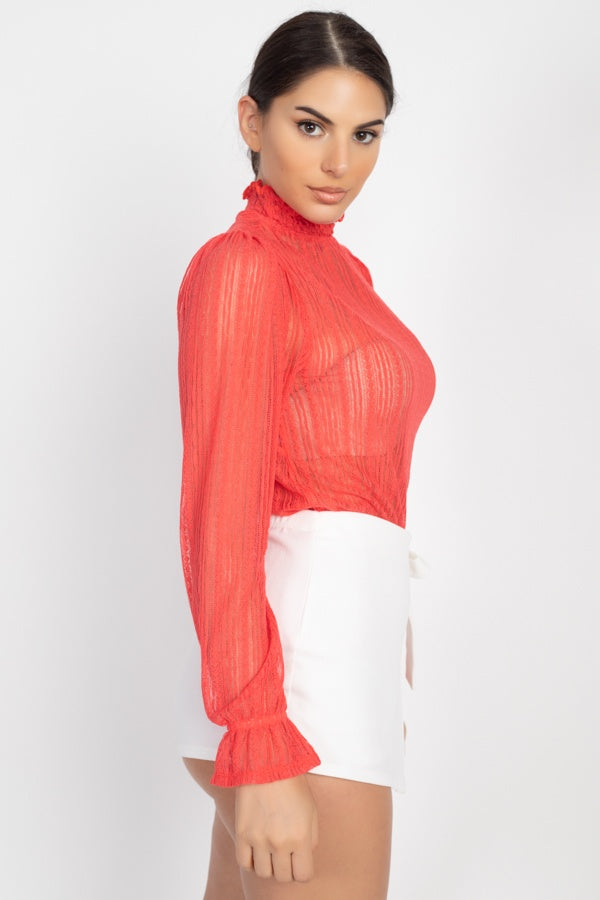 Ruffle Mock Neck Lace Top