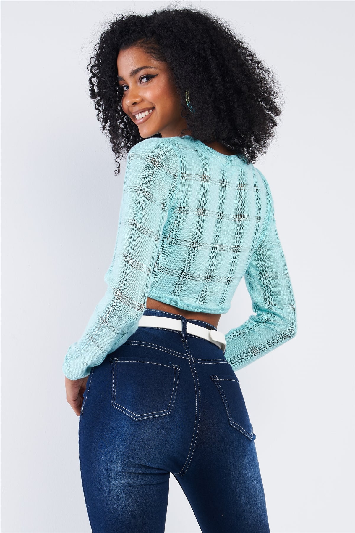 Tiffany Blue Cropped Knit Long Sleeve Sweater