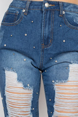 Rhinestones Ripped-front Denim Jeans