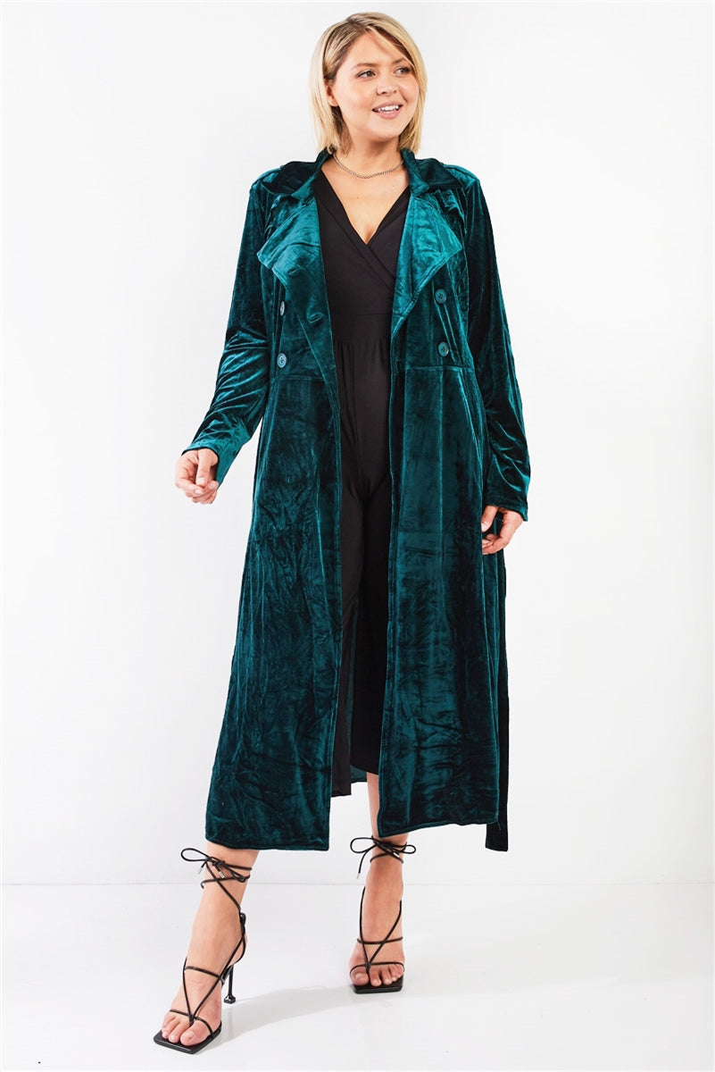 Plus Hunter Green Velvet Long Sleeve Maxi Smoking Jacket