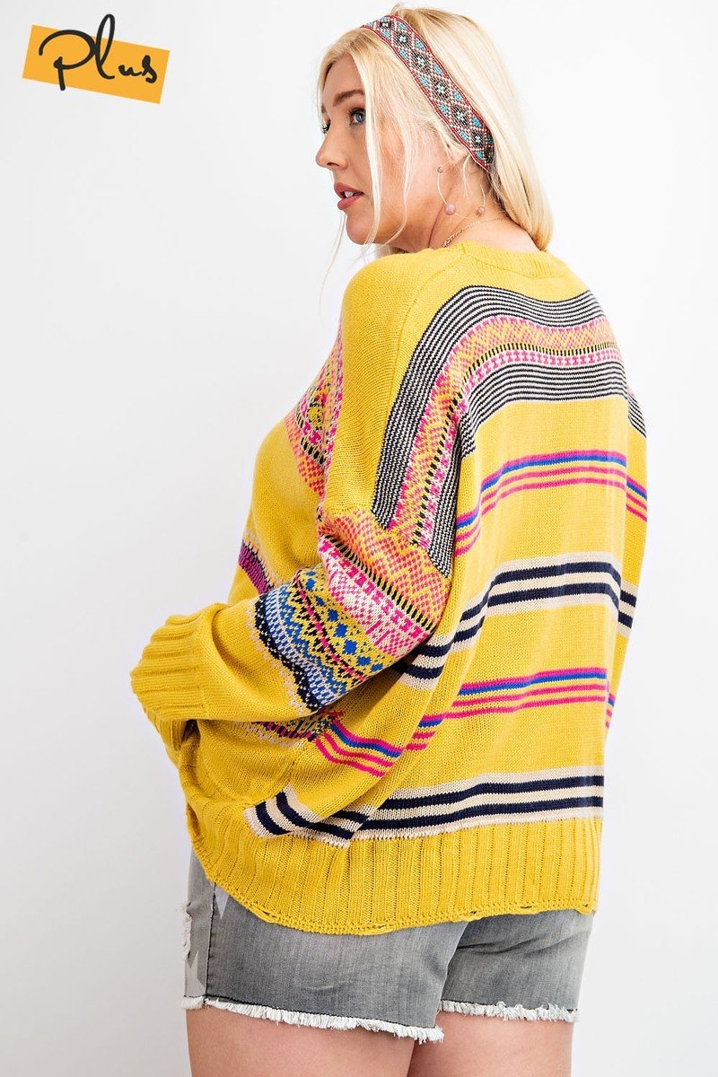 Plus Size Boho Patterned Knitted Sweater Pullover