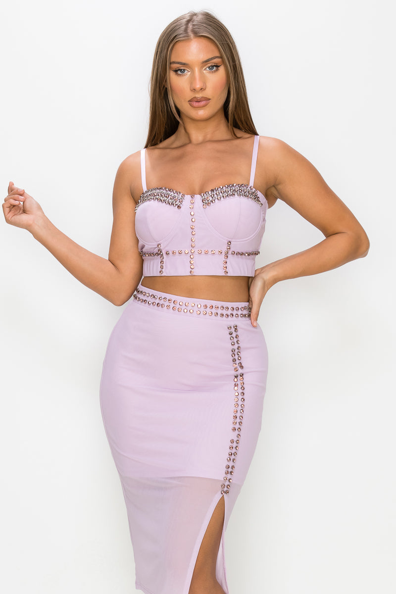 Studded Stone Cami Top & Slit Mini Skirts Set