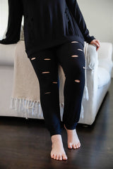 Plus Black Distressed Hooded Long Sleeve Top & Pants Set