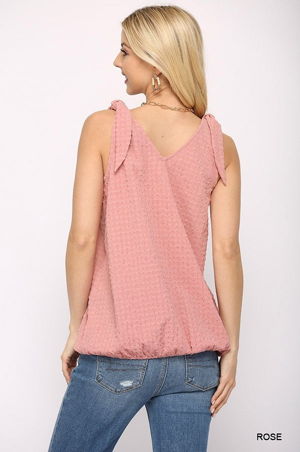 Solid Textured And Sleeveless Surplice Top With Shoulder Tie