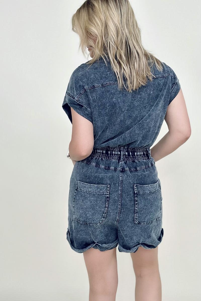 Short Sleeve Buttoned Front Woven Romper